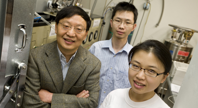 From left, Rice University physicist Rui-Rui Du, graduate students Chi Zhang and Yanhua Dai, and former postdoctoral researcher Tauno Knuuttila (not pictured) have found that odd groupings of ultracold electrons could be useful in making fault-tolerant quantum computers. PHOTO CREDIT: Jeff Fitlow/Rice University