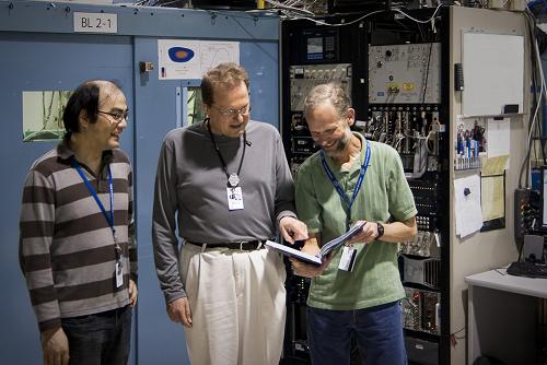 Researchers including Hirohito Ogasawara (left), Anders Nilsson (center), and Mike Toney (right) used SSRL's bright X-ray beam to study a new form of platinum that could be used to make cheaper, more efficient fuel cells. (Photo courtesy Kelen Tuttle)