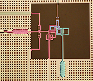 Colorized micrograph of superconducting circuit used in NIST quantum computing research. The chip combines a quantum bit (pink) for storing quantum information, a quantum bus (green) for transporting information, and a switch (purple) that "tunes" interactions between the other two components. Credit: M.S. Allman/NIST