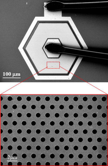 Rensselaer Polytechnic Institute Professor Shan-Yu Lin has developed a new nanotechnology-based microlens that uses gold to boost the strength of infrared imaging and could lead to a new generation of ultra-powerful satellite cameras and night-vision devices. The device, pictured, leverages the unique properties of nanoscale gold to squeeze light into the tiny holes in its surface. 