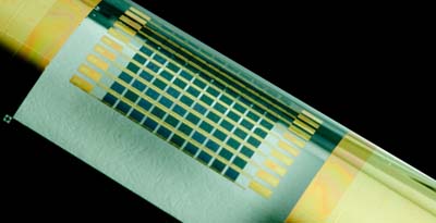 A flexible array of gallium arsenide solar cells. Gallium arsenide and other compound semiconductors are more efficient than the more commonly used silicon. Photo courtesy John Rogers 