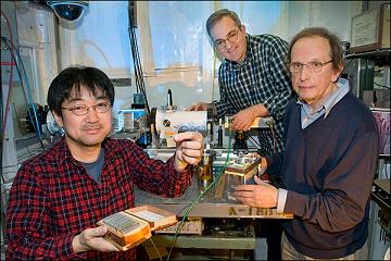 (From left) Brookhaven Lab chemists Kotaro Sasaki, Miomir Branko Vukmirovic, and Radoslav Adzic work on developing catalysts for fuel cells.