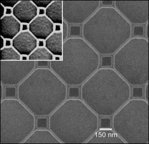 A fragment of a superconducting thin film patterned with nano-loops measuring 150 nanometers on a side (small) and 500 nanometers on a side (large), where the nano wires making up each loop have a diameter of 25 nanometers.
