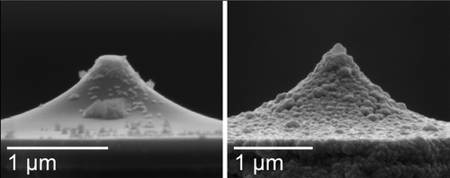 The resistively heated probe can reach temperatures above 600 C. The batch fabrication process produces UNCD tips with radii as small as 15 nm, with average radius 50 nm across the entire wafer. Wear tests were performed on substrates of quartz, silicon carbide, silicon, or UNCD. Tips were scanned for more than 1 m at a scan speed of 25 μm s−1 at temperatures ranging from 25 to 400 C under loads up to 200 nN.  Credit: ACS