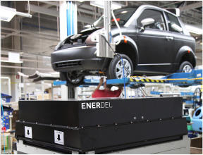 The EnerDel Lithium-Ion battery on the THINK City production line at Valmet Automotive in Uusikaupunki, Finland.