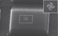 This STM image shows a gammadion gold light mill nanomotor embedded in a silica microdisk. Inset is a magnified top view of the light mill.