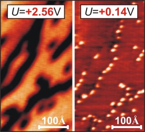 Microscopical image of a graphene layer on a nickel substrate.
The image to the left, which was measured at an arbitrary bias
voltage of the microscope tip, shows just dark stripes. Only after
the bias voltage has spectroscopically been tuned to the very C60
molecules (right), they become visible beneath the graphene layer
as the cause of the stripe pattern.