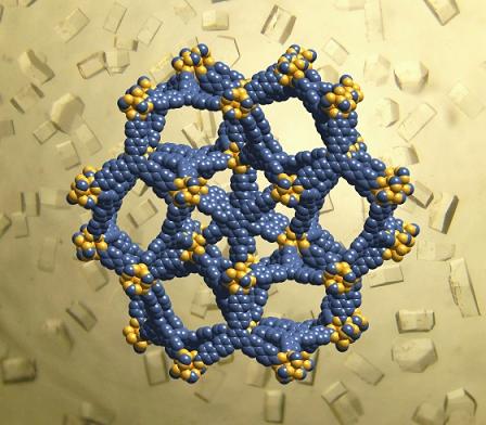 Crystal structure of MOF-200, in UCLA's blue and gold. Atom colors: UCLA blue = carbon, UCLA gold = oxygen, orange = zinc. Optical image of MOF-200 crystals. (Credit: UCLA Department of Chemistry and Biochemistry; UCLADepartment of Energy Institute of Genomics and Proteomics) 
