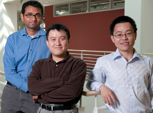 Graduate student Aaswath Raman, Associate Professor Shanhui Fan, and post doctoral fellow Zongfu Yu have calculated that photovoltaic cells built with nanotechnology have the potential to generate far more electricity than existing cells.

Credit: L.A. Cicero