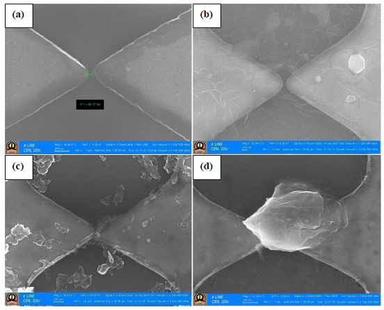 Fig.1: FE-SEM images of two platinum thin-film electrodes separated by 70 nm, (a) without graphene, and (b) with different types of graphene crossing the gap: (b) RGO, (c) HG, and (d) EG