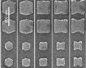 Electron micrograph of nanofabricated magnetic nanostructures, where the magnetic properties are controlled via the structure's geometry and size.