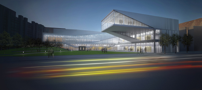 A rendering of the exterior of the Krishna P. Singh Nanotechnology Center at night along Walnut Street, from the architect Weiss/Manfredi Architecture.