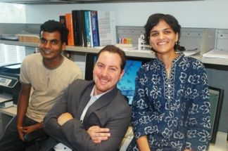 Rice researchers -- from left, Avishek Saha, Professor Angel Marti and Disha Jain -- found an efficient way to both dissolve and functionalize carbon nanotubes in a solution.
(Credit: Rice University)
