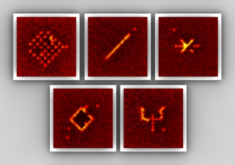 With the addressing scheme arbitrary patterns of atoms in the lattice can be prepared. The atomic patterns each consist of 10 - 30 single atoms that are kept in an artificial crystal of light. (High resolution images available online at www.quantum-munich.de/media)
