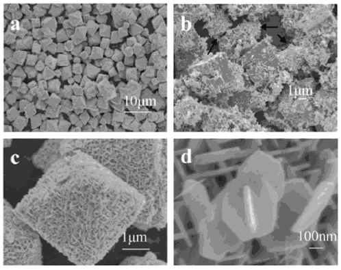Figure 1: Scanning electron microscope images of ZTO microstructures: (a) low
magnification image of the Zn2SnO4 octahedrons; (b) ZnSn(OH)6 cubes formed in the initial
stage of the reaction (note secondary nucleation on the cube surfaces); (c) a Zn2SnO4 octahedron;
(d) coalescing nanoplates. (Reproduced with permission,  2010 Elsevier B.V.)