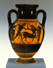 Attic black-figure amphora (JPGM 88.AE.24, 530 - 520 B.C.) Herakles Attacking a Centaur.

Credit: J. Paul Getty Museum
