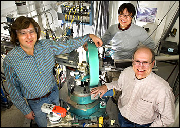 Alexei Tkachenko, Htay Hlaing and Ben Ocko at an experimental end station at the NSLS.