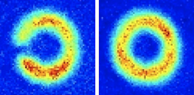 Atom circuit: False color images of an "atom circuit" made of an ultracold sodium gas. Red denotes a greater density of atoms and traces the path of circulating atoms around the ring. A laser-based barrier can stop the flow of atoms around the circuit (left); without the barrier the atoms circulate around the ring (right).
Credit: JQI/NIST