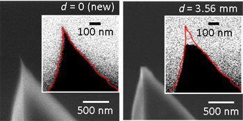 As an atomic force microscopes tip degrades, the change in tip size and shape affects its resonant frequency and that can be used to accurately measure, in real time, the change in the tips shape, thereby resulting in more accurate measurements and images at nanometer size scales.
Credit: Jason Killgore, NIST