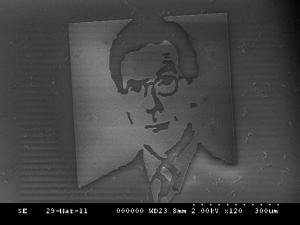 The smallest likeness of Stephen Colbert in the world, "Micro Colbert". 
Four micro sized images of Stephen were fabricated in a clean room environment on a silicon wafer by two nanotech undergrad students at the University of Waterloo.