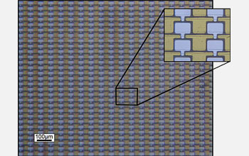 Optical micrograph of an array of graphene transistors prepared on silicon carbide (SiC). There are 40,000 devices per square centimeter.

Credit: M. Sprinkle, M. Ruan,Y. Hu, J. Hankinson,M. Rubio-Roy, B. Zhang, X. Wu, C. Berger & W. A. de Heer. (2010). Scalable templated growth of graphene nanoribbons on SiC. Nature Nanotechnology (5), 727-731.