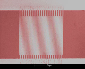 Colorized micrograph of an ultrafast single-photon detector made of superconducting nanowires. NIST researchers use electron beam lithography to pattern the nanowires (vertical lines) on a thin film of tungsten-silicon alloy, which produces more reliable signals than the niobium nitride material used previously.
Credit: Baek/NIST