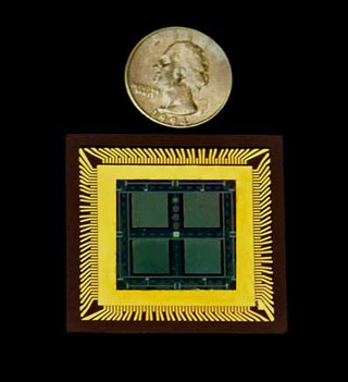 Provided/MicroGen Systems
Prototype chip from MicroGen Systems includes four piezoelectric power sources. The devices can shrink further as circuits require less power.