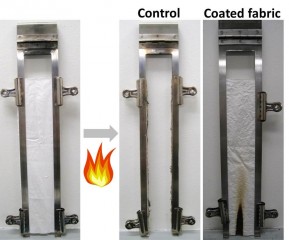 Credit: Jaime Grunlan, Ph.D. 
Fire completely destroys untreated cotton fabric until nothing remains (control), but only burns a small spot on cotton treated with a new flame-retardant nanocoating (coated fabric).