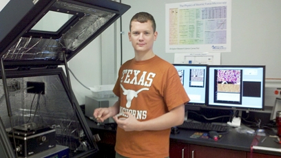 Dr. Alex Veneman in the Stevenson Research group at UT-Austin preps a sample for Scanning Kelvin Probe Microscopy.