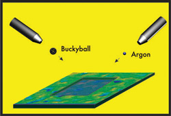 The rectangular depression is the result of multiple bombardments of the surface with buckyballs and argon during a depth-profiling procedure. Image: Zbigniew Postawa, Jagiellonian University, Poland 
