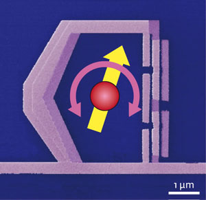 Figure 1: An electron micrograph of the artificial atom. A superconducting loop of metal is interrupted by non-superconducting Josephson junctions. The current can flow clockwise or counterclockwise around the loop, and are analogous to the electron spin of a real atom (yellow arrow). The horizontal wire along the bottom of the atom can be used to excite the atom, and to measure its emission.