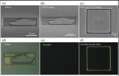 Scanning electron microscope images show a tank etched out of silicon, with and without a carbon nanotube coating (top row). When the same structures are viewed under white light with an optical microscope (bottom row), the nanotube coating camouflages the tank structure against a black background.

Credit: L. J. Guo et al, University of Michigan/Applied Physics Letters