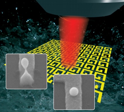 Similar to the way water backjets eject droplets of water on the surface of a pond, powerful laser pulses can locally melt gold nanostructures and produce gold nanojets, ejecting perfectly spherical gold nanodroplets. 