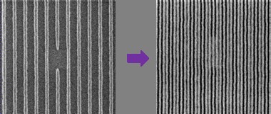 Figure: 14nm polystyrene lines on 28nm pitch after PMMA removal fabricated by DSA using 193nm immersion based 84nm pitch pre-pattern (left) and demonstration of the ability to repair a 200nm gap in the pre-pattern (right).