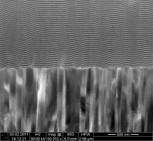 Cross-section of a new magnetoelectric composite sensor as scanned in an electron microscope: piezoelectric material (bottom half) and magnetostrictive material with integrated support layers (upper half).
Photo: Christiane Zamponi
Copyright: Kiel University/ Institute of Materials Science