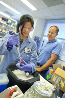 Bruce Cohen (rt) in the lab with intern Katherine Chuang.