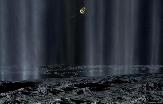 In this artist's concept, the Cassini spacecraft makes a close pass by Saturn's inner moon Enceladus to study plumes from geysers that erupt from giant fissures in the moon's southern polar region.
CREDIT: Copyright 2008 Karl Kofoed