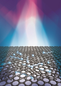 Electrons in bilayer graphene are heated by a beam of light. Illustration by Loretta Kuo and Michelle Groce, University of Maryland.