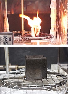 Using a testing device called a cone calorimeter, NIST researchers measure the heat-release rate and other flammability properties of materials. Above, untreated polyurethane foam 'catches fire' from a nearby heat source. Below, foam treated with a novel clay-filled coating did not ignite when exposed to the same heat source. Instead, a fast-growing protective layer called char forms on the surface.
Credit: NIST