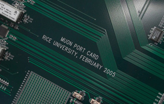 Muon Port Cards designed and built at Rice act as information funnels at the LHC, where they take in and sort 25 gigabits of data per second to generate an output of 3 gigabits.
CREDIT: Rice University
