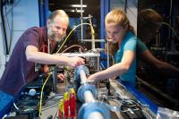 Mike Toney and Johanna Nelson demonstrate the high-power transmission X-ray Microscope at SLAC's Stanford Synchrotron Radiation Lightsource.

Credit: Matt Beardsley/SLAC