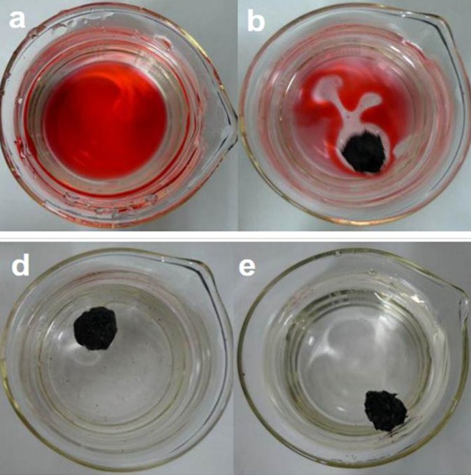 Absorption of dodecane marked with red dye from artificial seawater using the graphene sponge. The absorption process was complete in 80 seconds.