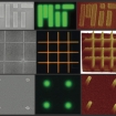  Images of nanopatterned films of nano crystalline material produced by the MIT research team. Each row shows a different pattern produced on films of either cadmium selenide (top and bottom) or a combination of zinc cadmium selenide and zinc cadmium sulfur (middle row). The three images in each row are made using different kinds of microscopes: left to right, scanning electron microscope, optical (showing real-color fluorescence), and atomic force microscope.
Images courtesy of Mentzel et al, from Nano Letters 