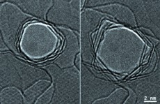 These are transmission electron microscope images of a nanopore in graphene. The original pore on the left grows considerably under the influence of the electron beam. The image on the right is the pore after four minutes at 800 C.  Pores either shrink or grow depending on the temperature and electron beam irradiation.