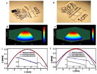 This shows fabricated lens images (a and d) and measured geometry surface profiles (b/c and e/f) of the aspheric anterior and posterior bio-inspired human eye GRIN lenses.

Credit: Optics Express