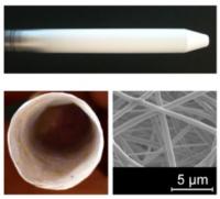 Fibers stick to a hard surface (top) and then can be removed to create a hollow ring (bottom left). Bottom right shows a closeup of the tiny fibers.

Credit: Kim Woodrow, Univ. of Washington