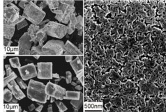 ORNL researchers developed a nanoporous solid electrolyte (bottom left and in detail on right) from a solvated precursor (top left). The material conducts ions 1,000 times faster than its natural bulk form and enables more energy-dense lithium ion batteries. 