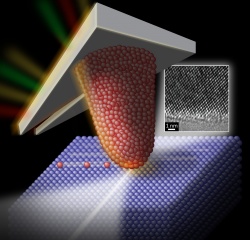 An illustration of a silicon AFM tip sliding over a diamond surface, with a TEM image of the tip inset. (Art: Felice Macera)