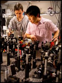 Daniel Salart Subils, postdoc, and Ph.D. student Heng Shen are working on the experiments in the Quantum Optics Lab at the Niels Bohr Institute.

Credit: Ola Jakup Joensen, Niels Bohr Institute