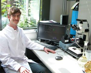 PhD student, Martin Schulz, at the University of Harburg with his NanoSight LM10 NTA system used for the characterization of colloids in water.